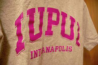 A pink and gray IUPUI t-shirt