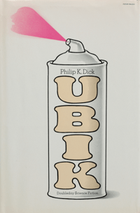 an aerosol spray can labeled Ubik with a pink spray coming out of it