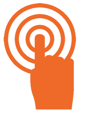 a drawing of a finger pressing a button with rings of action emanating from the fingertip